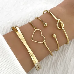 4Pcs/Set Trendy Geometry Charm Open Bracelets for Women Fashion Alloy Love Heart Knot Cuff Bangle Bracelet Jewelry Gifts