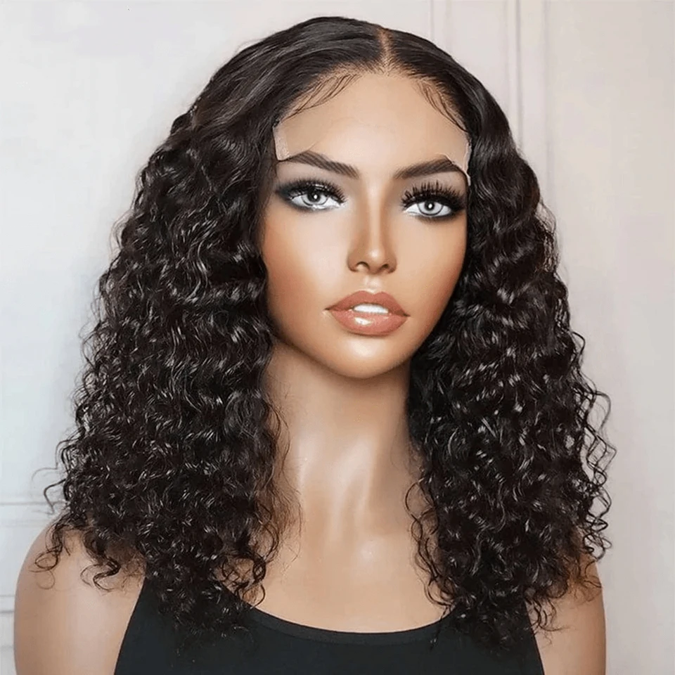 Peruvian Short Bob Wig Deep Wave Human Hair 4x4 Lace Closure Wigs for Women Remy Hair Pre Plucked Water Curly Natural Hairline