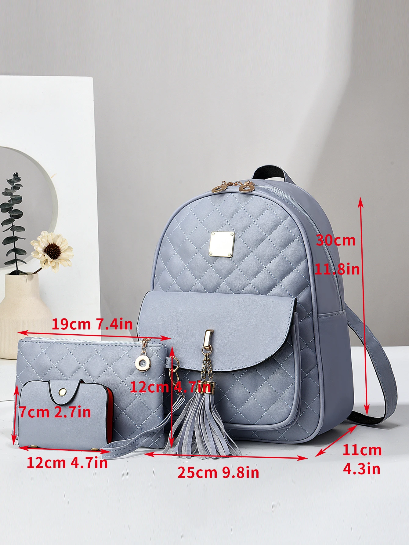 3pcs Argyle Quilted Backpack, Fashion Mini Daypack With Wristlet Clutch Bag And Credit Card Holder