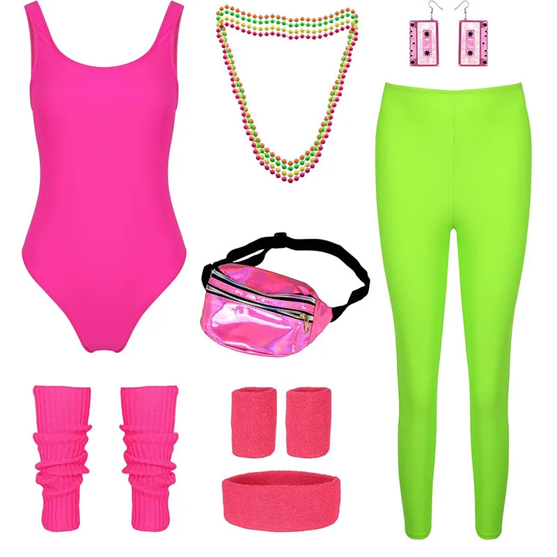 

Hot-selling 80s Women's Stage Party Jumpsuit with Cuffed Pants, Waist Bag, and Cassette Earring Set