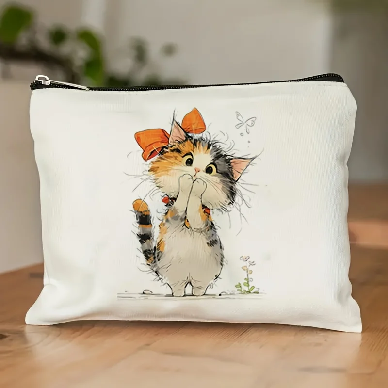 

A Cat Fan's Happy Makeup Bag - Women's Cute Multi-Functional Zipper Bag, Jewelry Storage Bag
