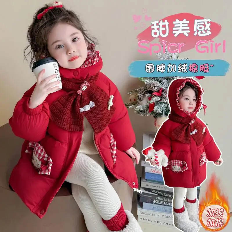 

Рождественское хлопковое пальто «Hello Kitty» для девочек, новинка зимы 2021, модная толстая теплая куртка с капюшоном в стиле аниме с героями мультфильмов, милая удобная одежда