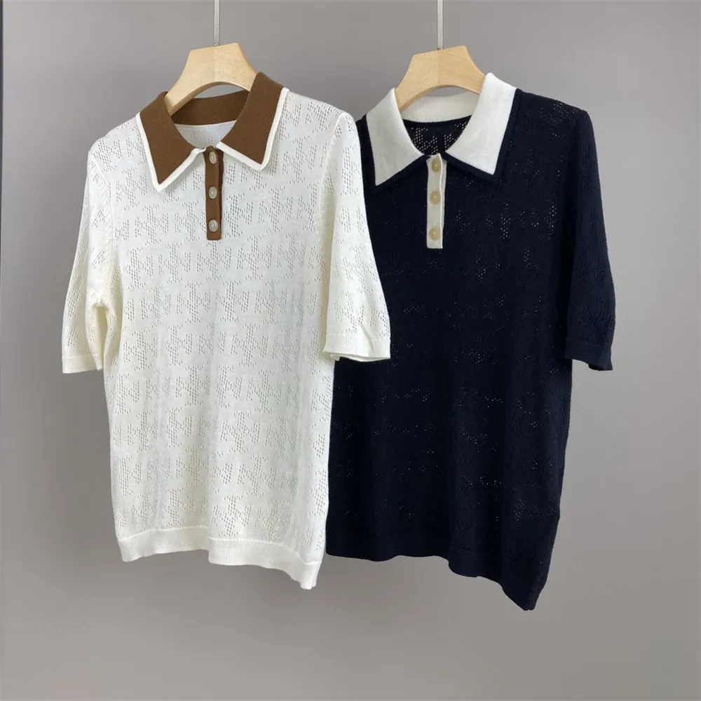 

Hollow Wool Polo Neck Short Sleeve Knitted Casual Pullover top