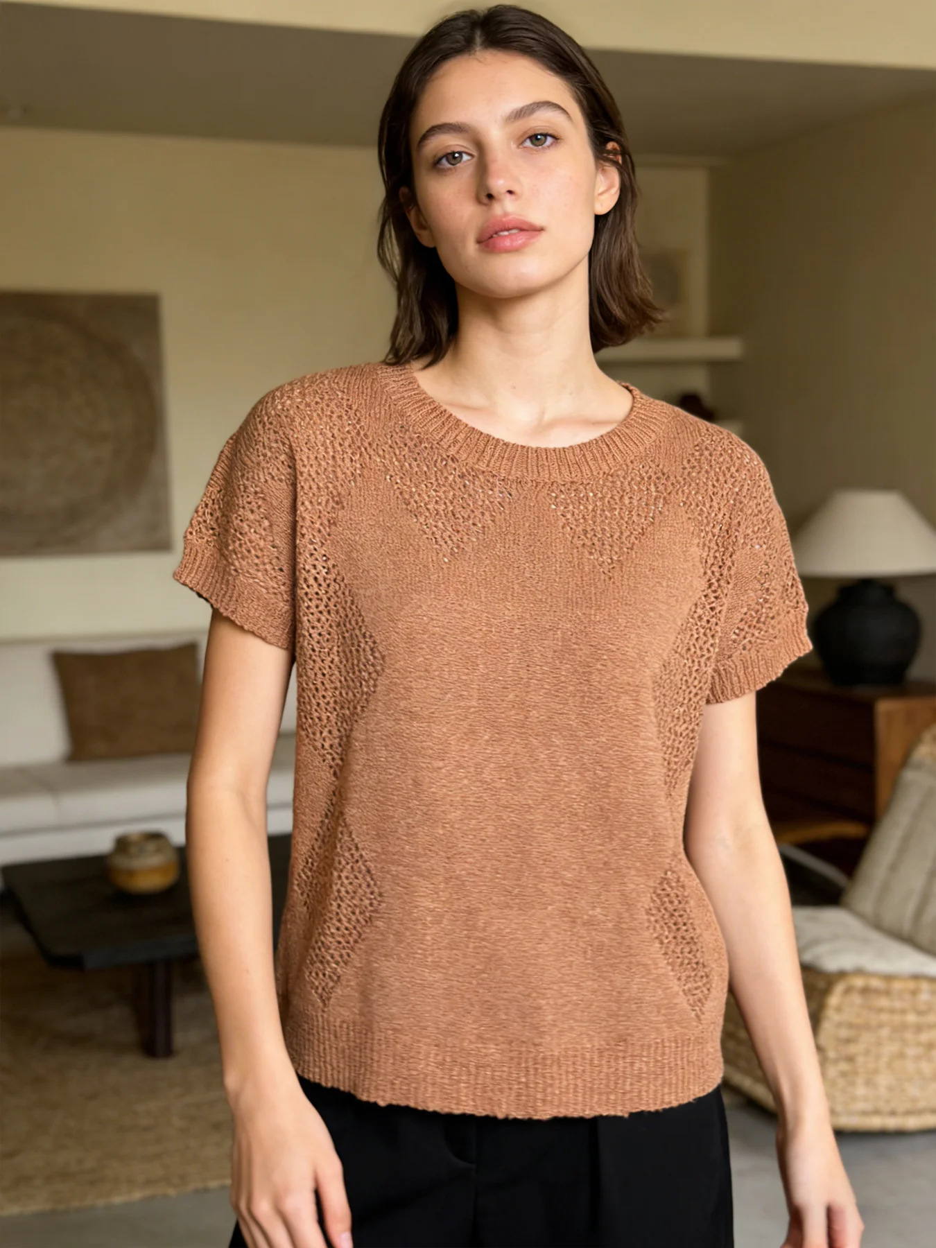 

Women's Loose Fit Open Knit Blouse round Neck Short Sleeve Contrast Pattern Cropped Top for Summer Casual Daily Wear