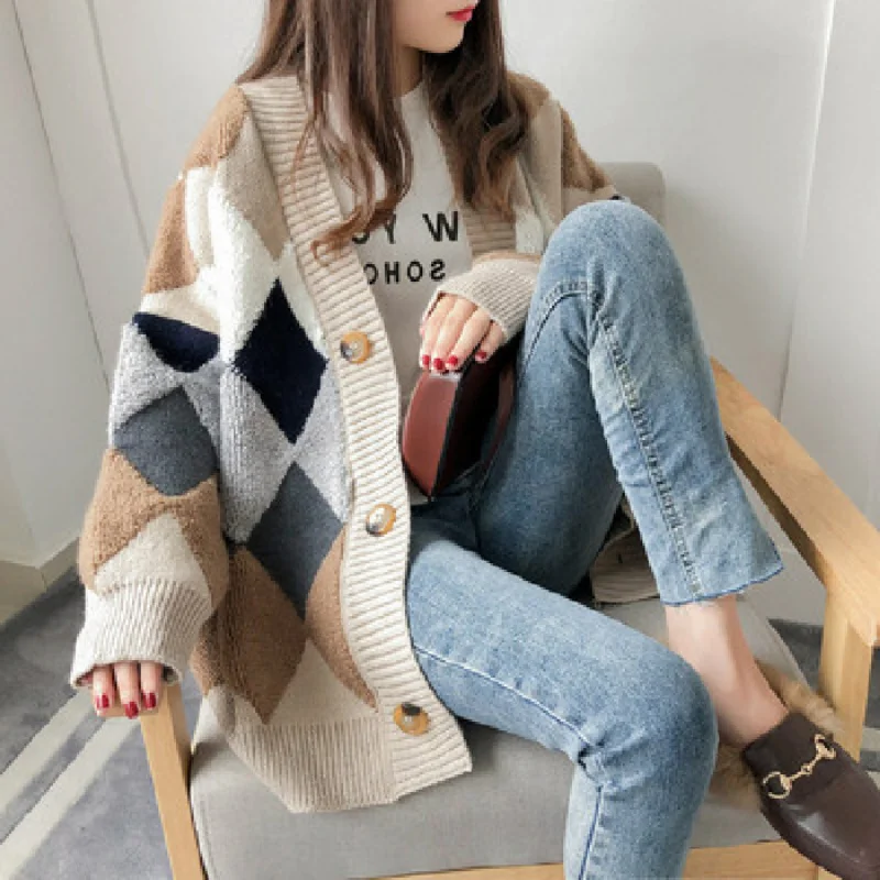 New Korean Sweater Cardigan Women's Loose Top Lazy Wind Thick Women's Sweater Cropped Cardigan