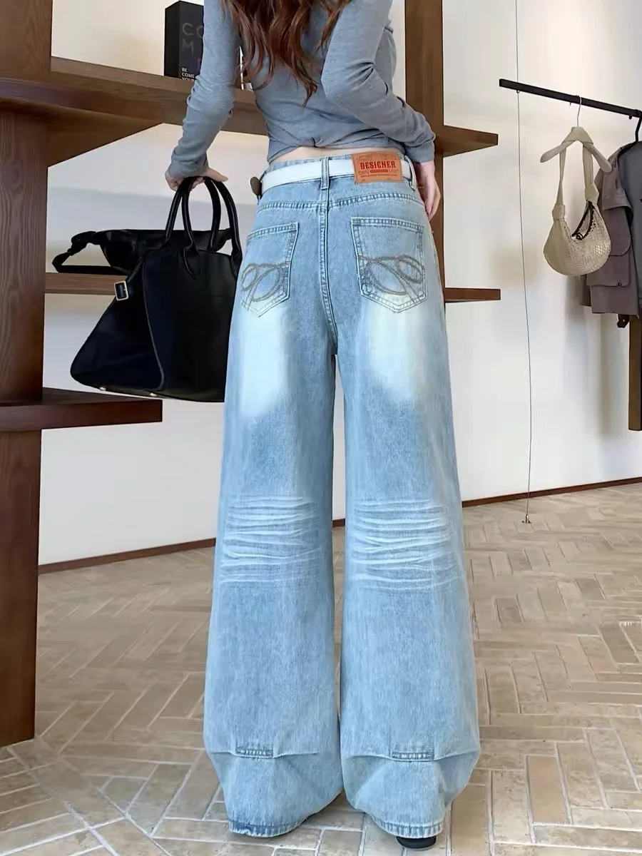 

Retro American Style Embroidered Wide Leg Pants Women's Spring Summer New BF Lazy Draping Floor-Length Jeans High Waist Zippe...