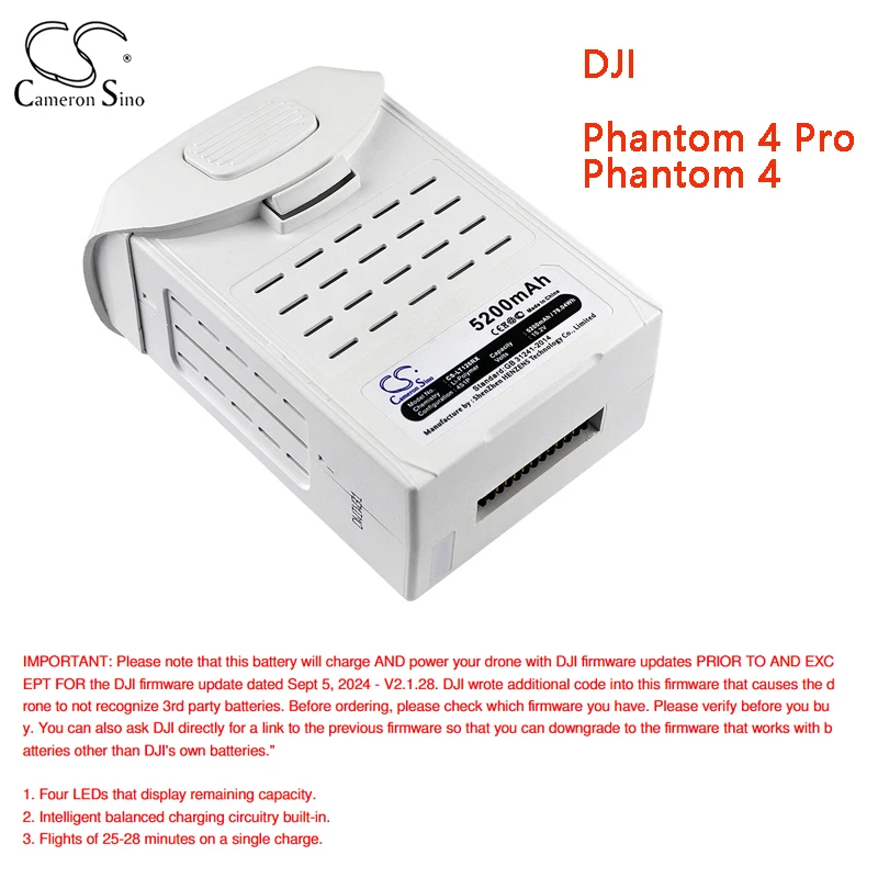 

Cameron Sino Drones Battery for DJI Phantom 4 Pro Phantom 4 Capacity 5200mAh Type Li-Polymer