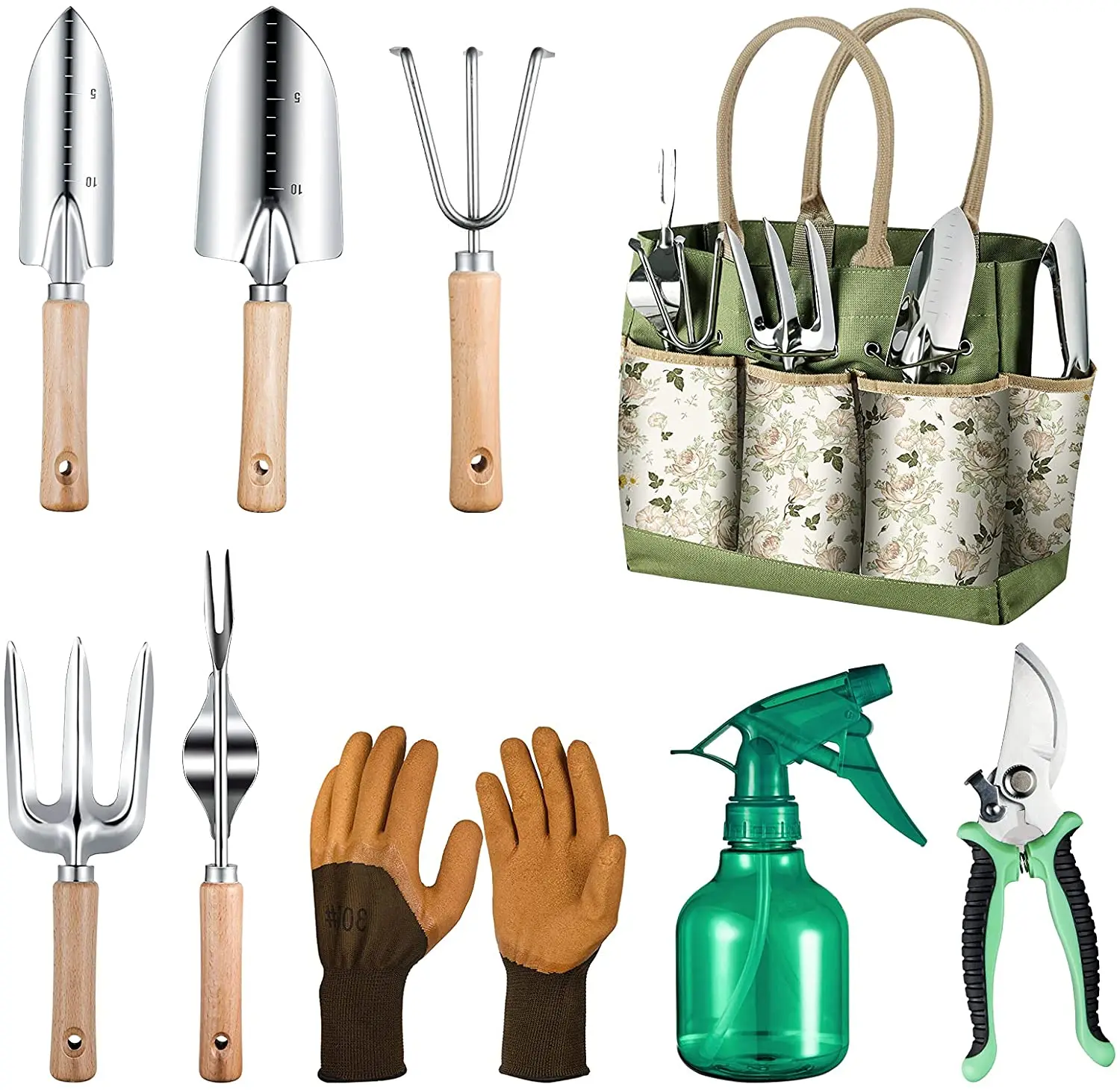 

9 Pcs Garden Tools Set Stainless Steel Blade Wood Handle Home Gardening Tool Kit Gift Garden Tool Set With Bag