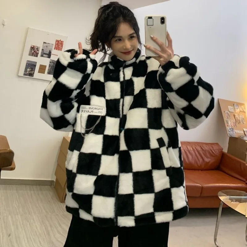 

Autumn/winter lamb velvet cotton coat women's thickened loose coat checkerboard zebra print leopard print plush thick cottoncoat