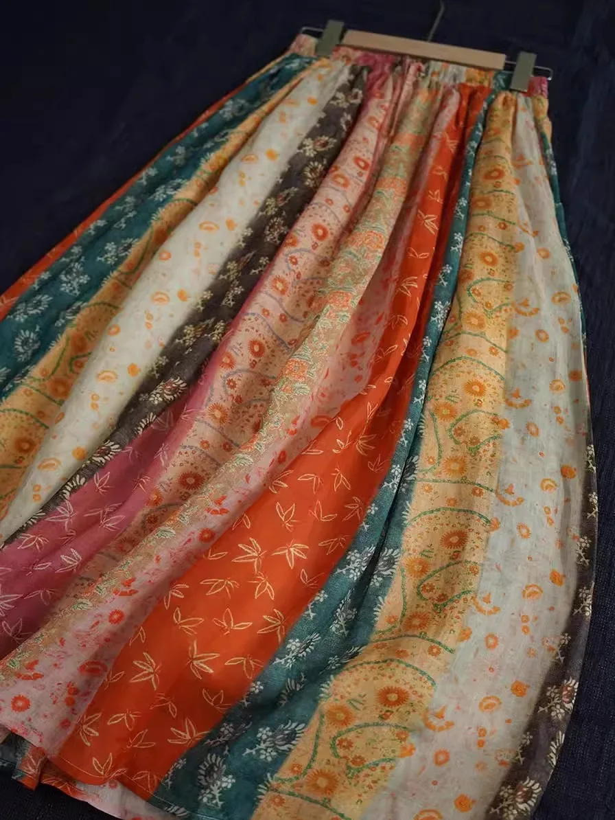 

Ретро-юбка миди с принтом, хлопково-льняная, женская, А-силуэт, художественная, летняя, новинка, с завышенной талией, универсальная, модная