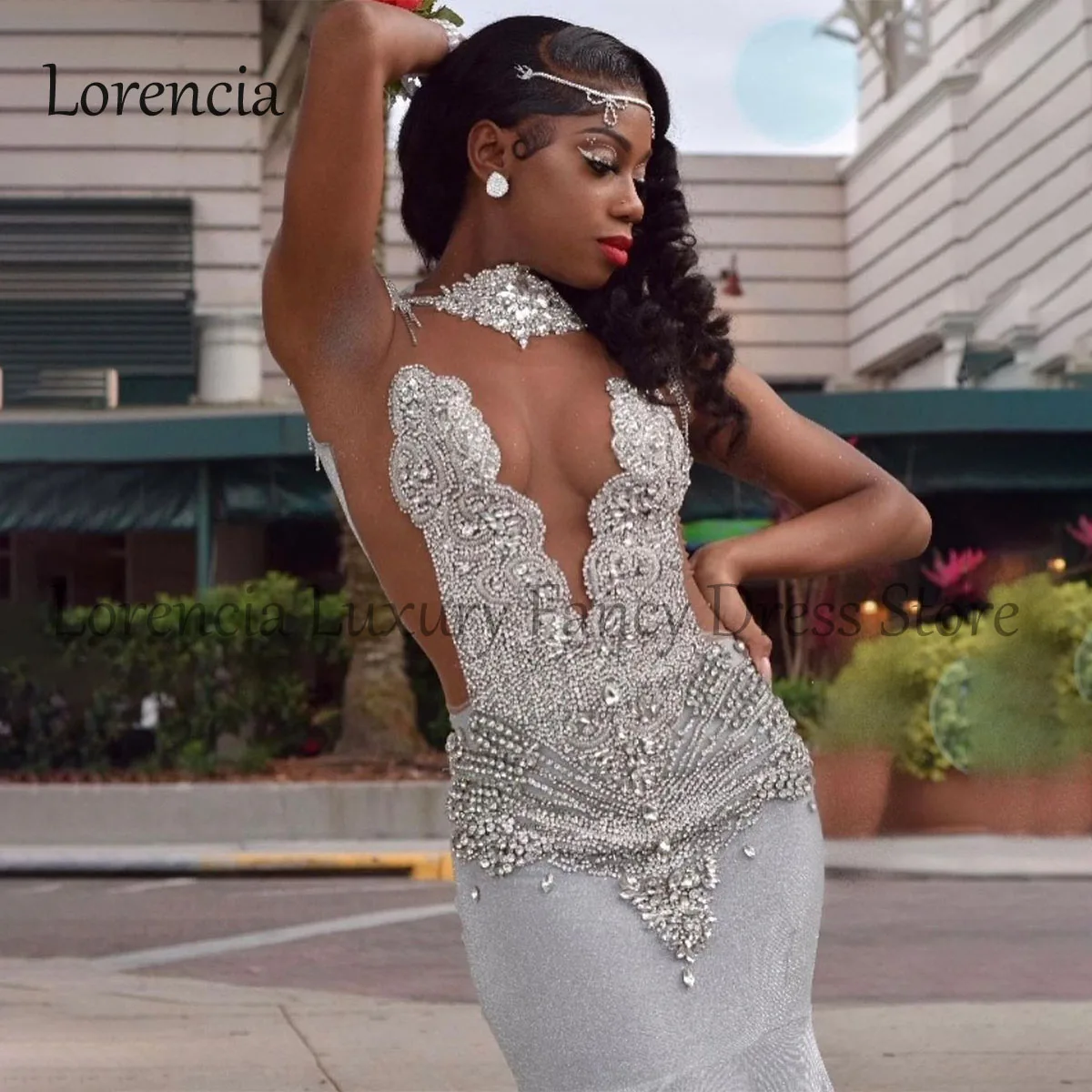 Vestidos de graduación largos brillantes para niñas negras, cristales de diamantes de imitación de lujo, sin mangas, cuentas de sirena, vestidos de fiesta formales de boda