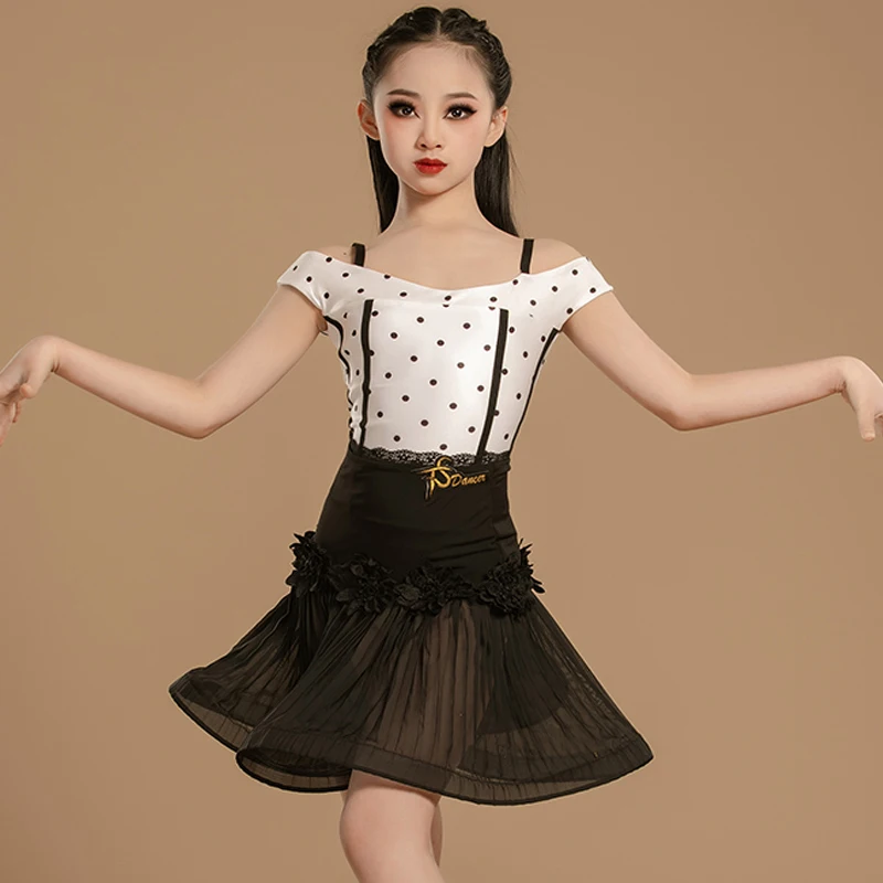 

Latin Dance Clothes Kids Girls White Dot Tops Black Skirt Practice Dress Summer Rumba Ballroom Dance Performance Costume NV22914