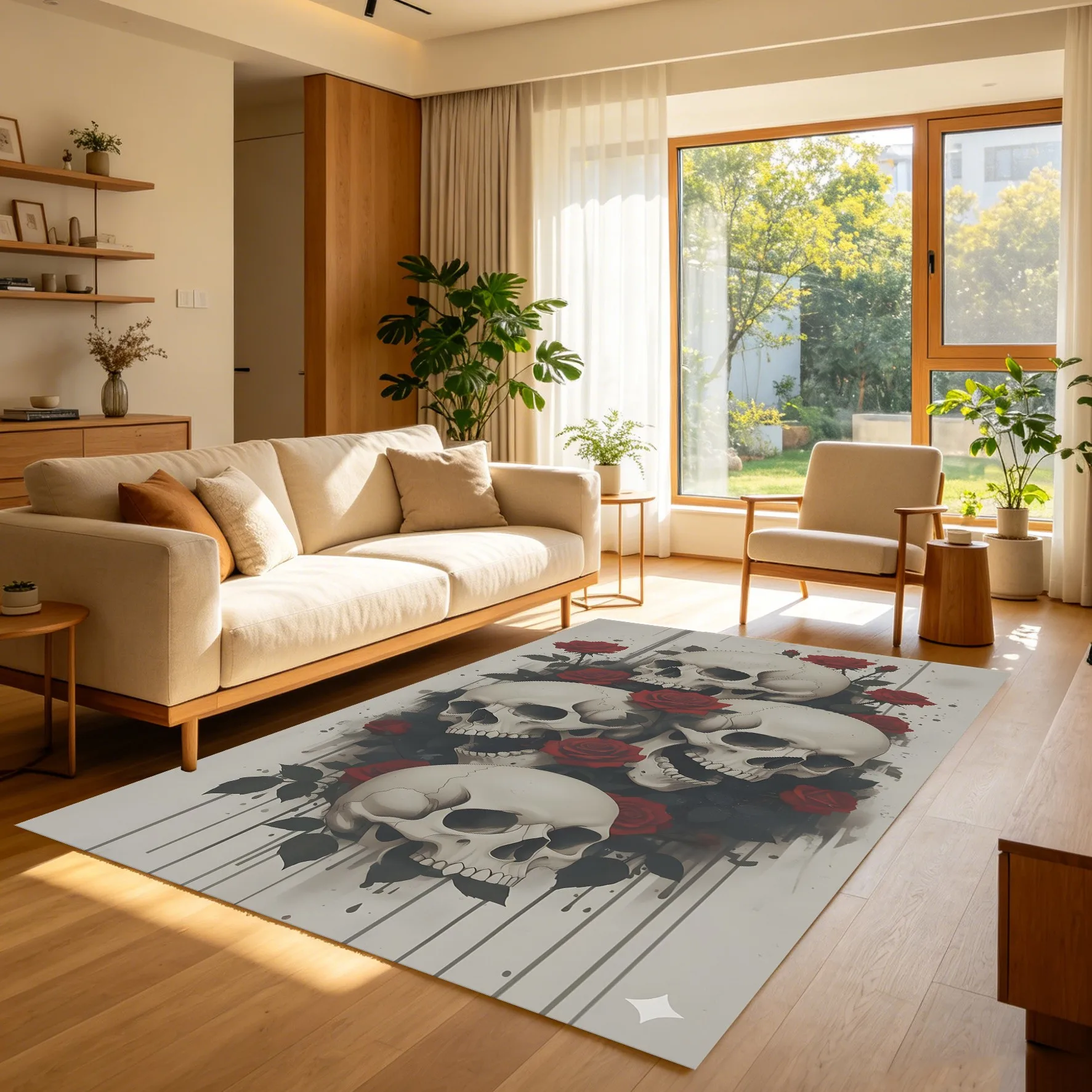 Skull Red Rose Print Dark Retro Halloween Velvet Rug for Gaming Room Bedroom Entryway Trendy Unique Decor