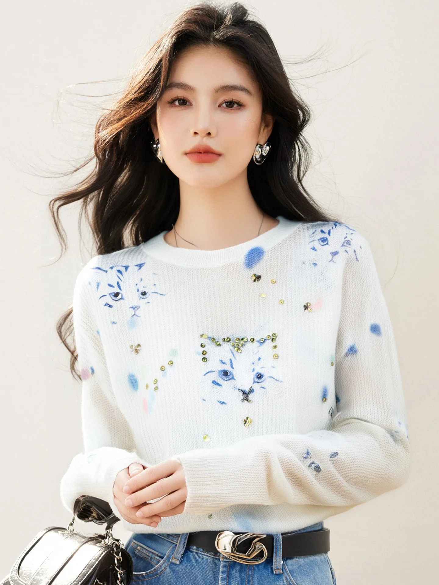 

Early Autumn Cat Print Glitter Sweater Women Thin Knit White Loose Long Sleeve knitwear