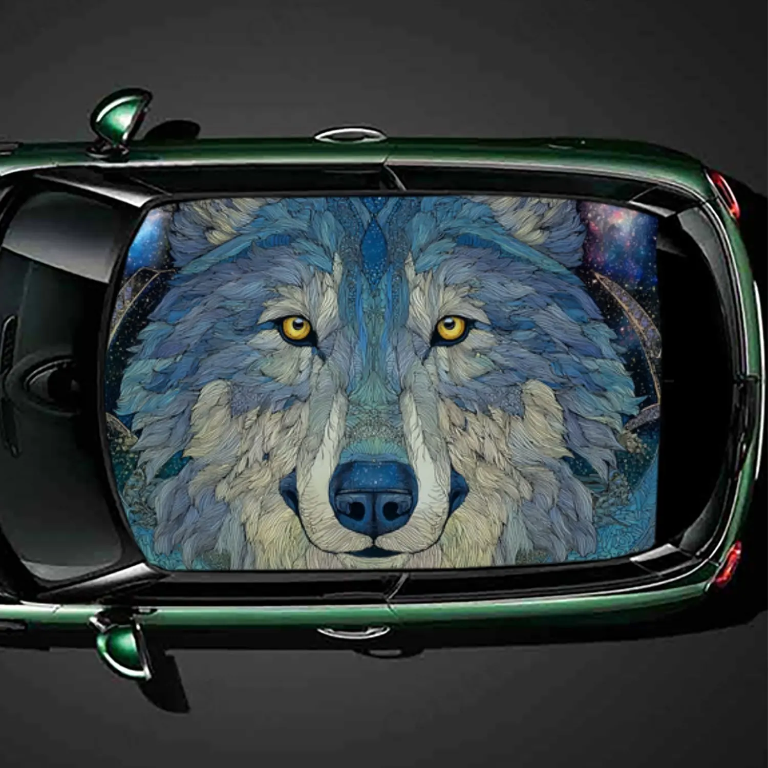 

Classic Blue Pattern Wolf and Dreamcatcher Car Roof Vinyl Wraps Sticker, Auto Decal, Artistic Vehicle Decoration, Self-adhesive