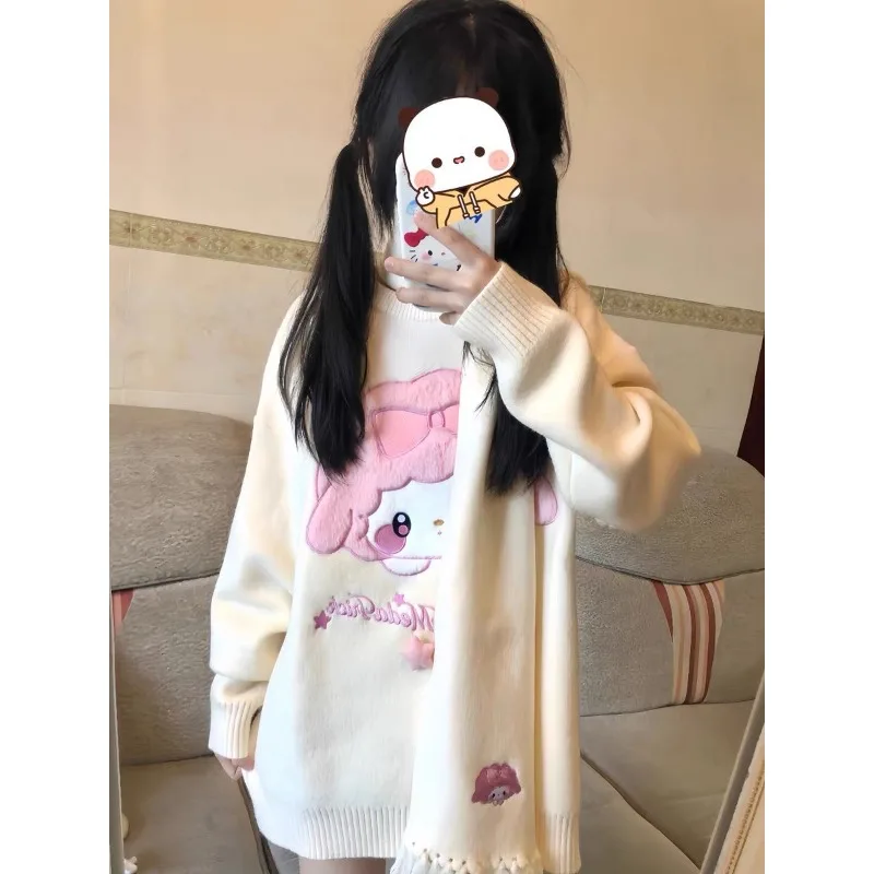 My Melody bedrukte trui set damessjaal Kawaii zoete gebreide trui schattige bovenkleding losse cartoon tweedelige set pluche cadeau