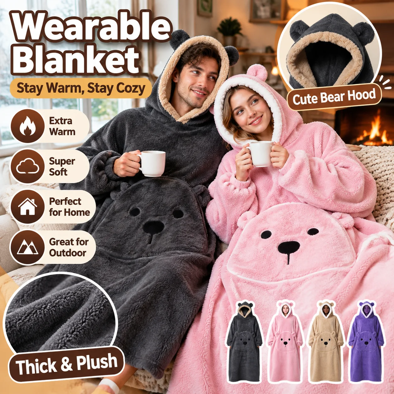 Lazy Blanket TV Blanket Outdoor Hooded Solid Color Long Sleeve Thickened Couple Bear for Men and Women Set