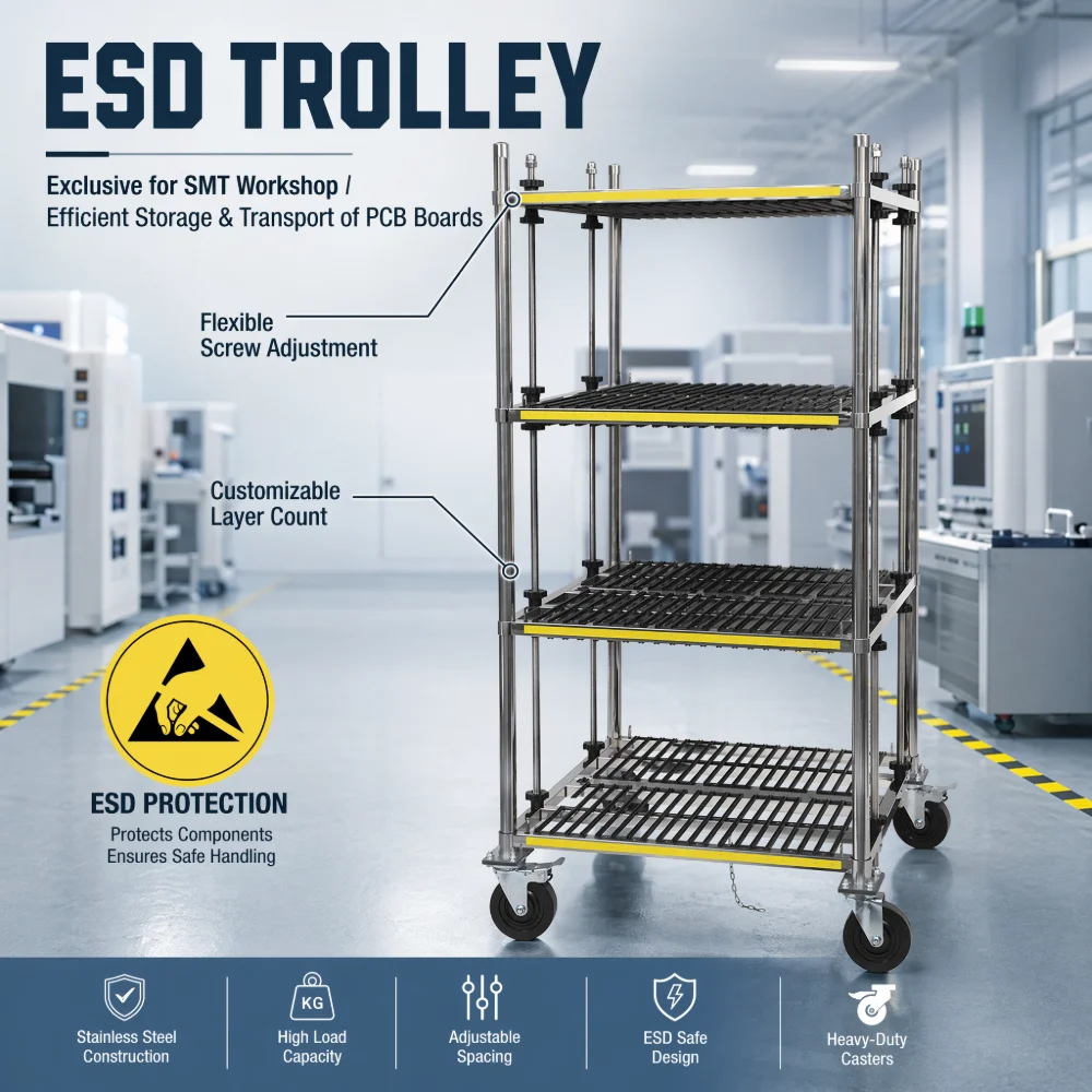 Vertical ESD Multilayer PCB Storage Trolley Stainless Steel Rack Conductive Castors Brakes SMT