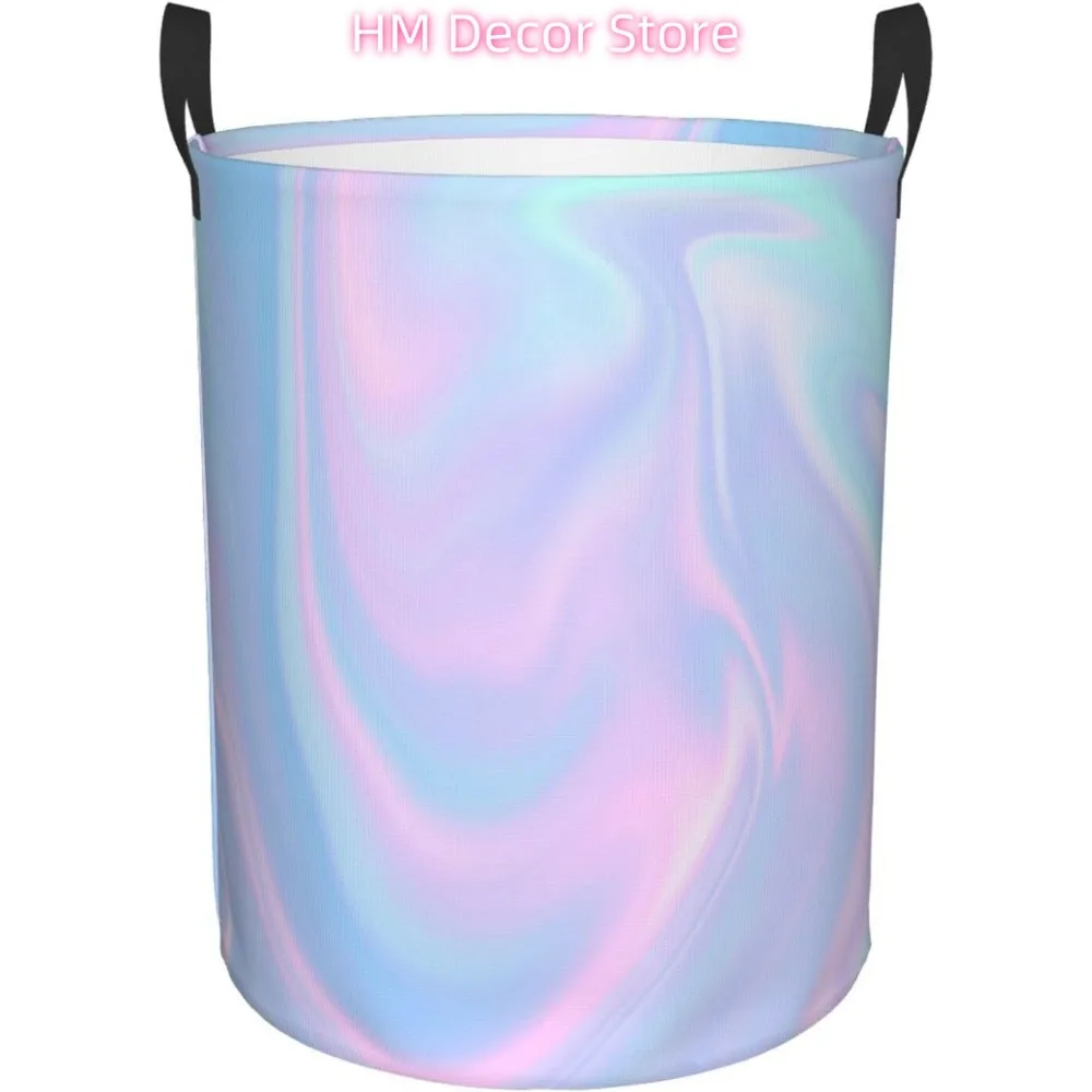 Pink Blue Liquid Swirl Laundry Basket with Handle Waterproof Collapsible Cloth Hamper Round Storage Basket for Bathroom Bedroom