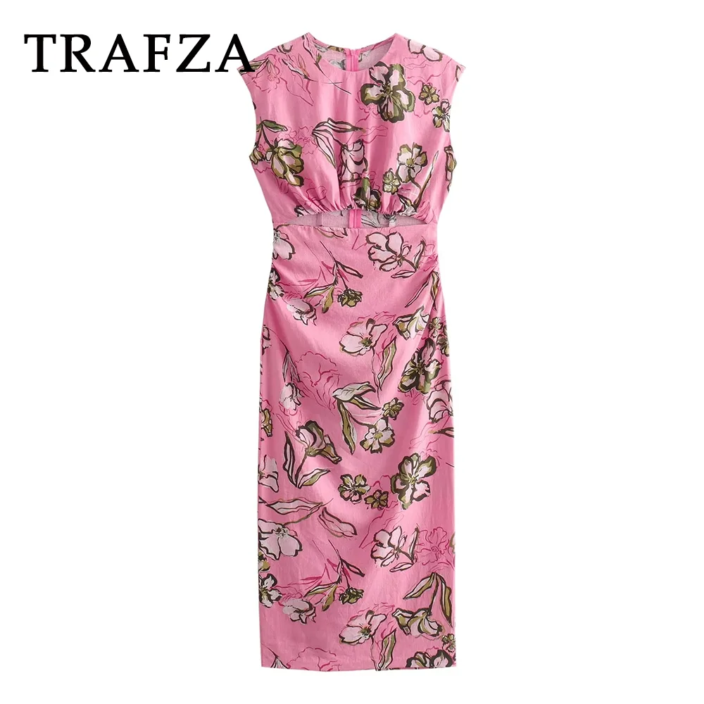 TRAFZA 2024 Spring Summer Sexy Women Print Flower Dresses Fashion Elegant O Neck Slim Hollow Out Pencil Dresses Chic Party Dress