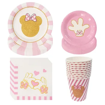 Roze Minnie Verjaardagsfeestje Bruiloft Benodigdheden Servies Paper Cup Paper Plate Papieren Handdoek Ballon Banner Set Baby Shower