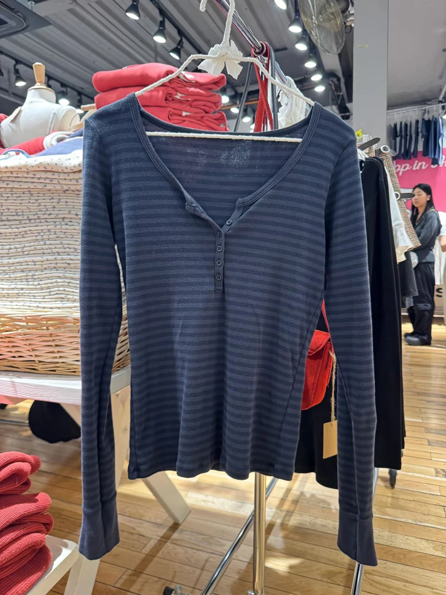 

Синие полосатые футболки с длинными рукавами и шестью пуговицами, осенняя хлопковая тонкая футболка с круглым вырезом, женские американские винтажные уличные женские футболки