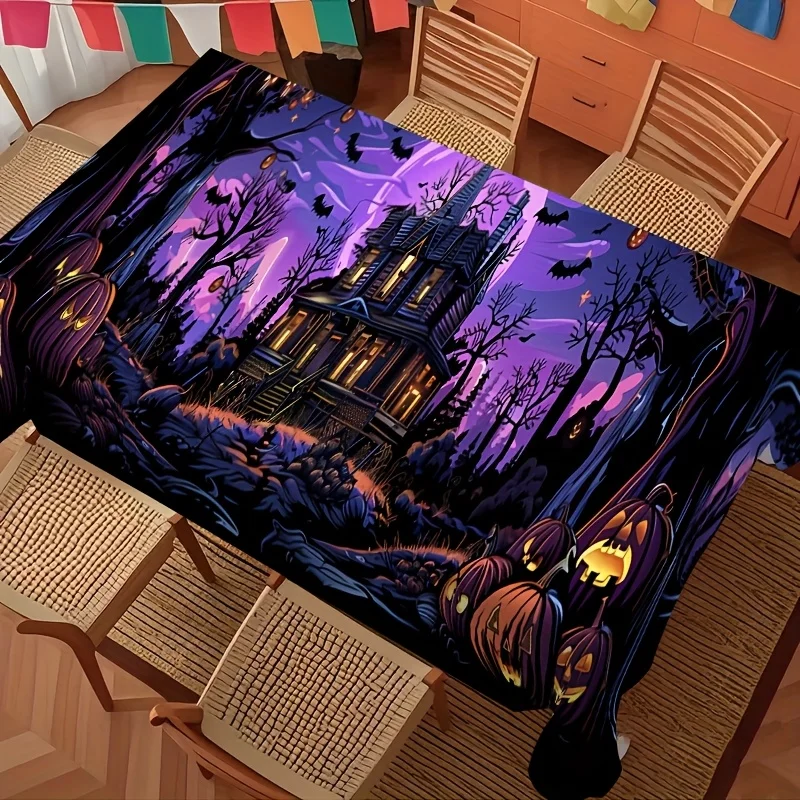 【Demon Witch Castle Tablecloth - 1】 A vibrant Halloween-themed polyester tablecloth
