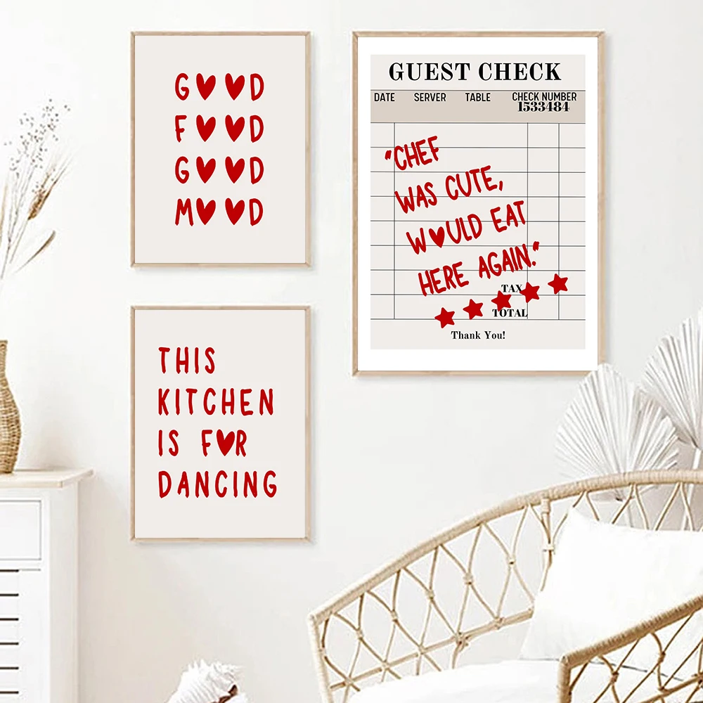 Red Guest Check Quotes Good Food Good Mood Poster Canvas Painting This Kitchen is For Dancing Wall Art Picture Aesthetic Decor