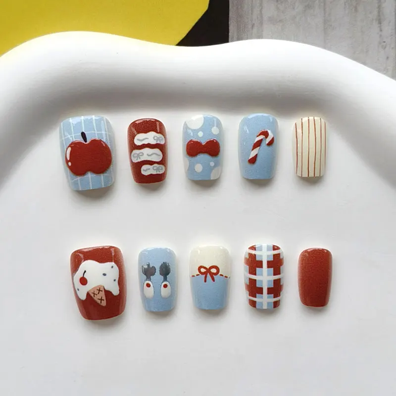 10Pcs 3D Apple Short Style Press on Nails French Cartoon Cute Christmas Cane Bowknot Rabbit with Cat's Eye Patch False Nails Art