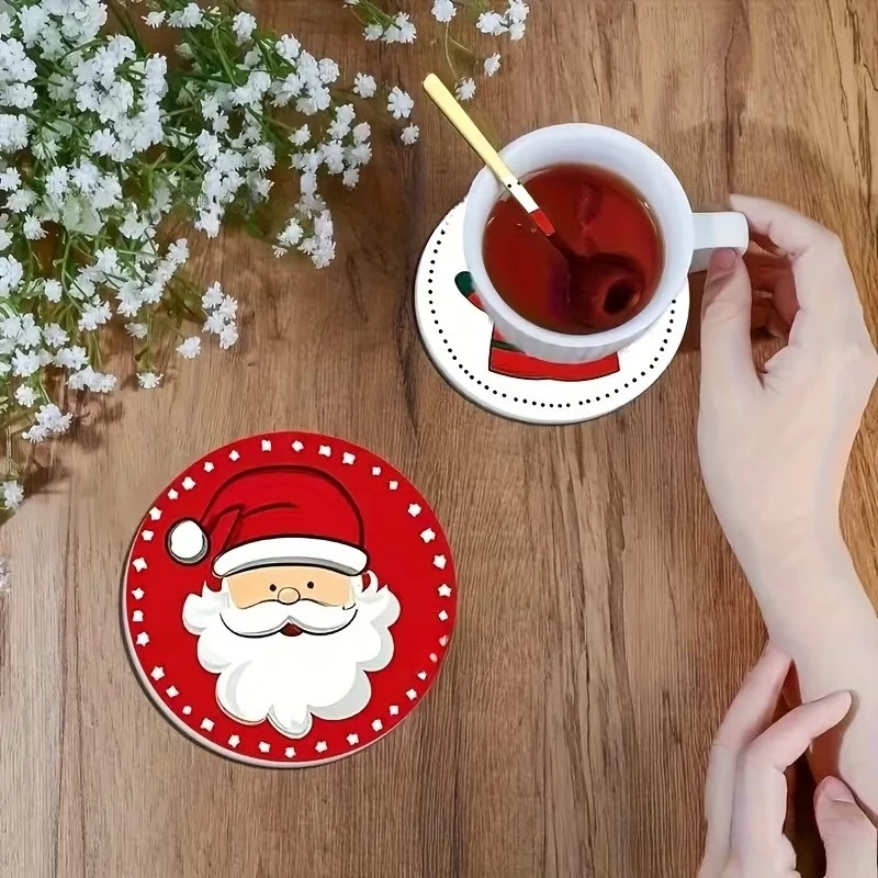 New Christmas-style Simple Line Drawing Wooden Round Coaster Set Durable and Cute Holiday Decoration Supplies 6PCS