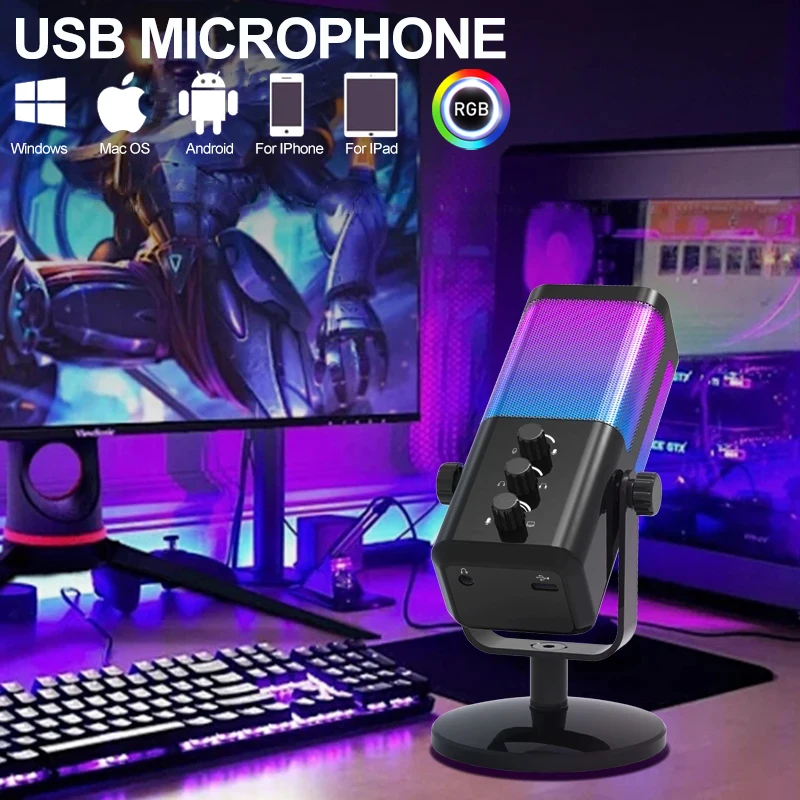 Microphone de jeux USB avec Balance de Chat de jeu, Microphone à condensateur RVB avec réverbération/annulation du bruit/micro de surveillance, pour le Streaming