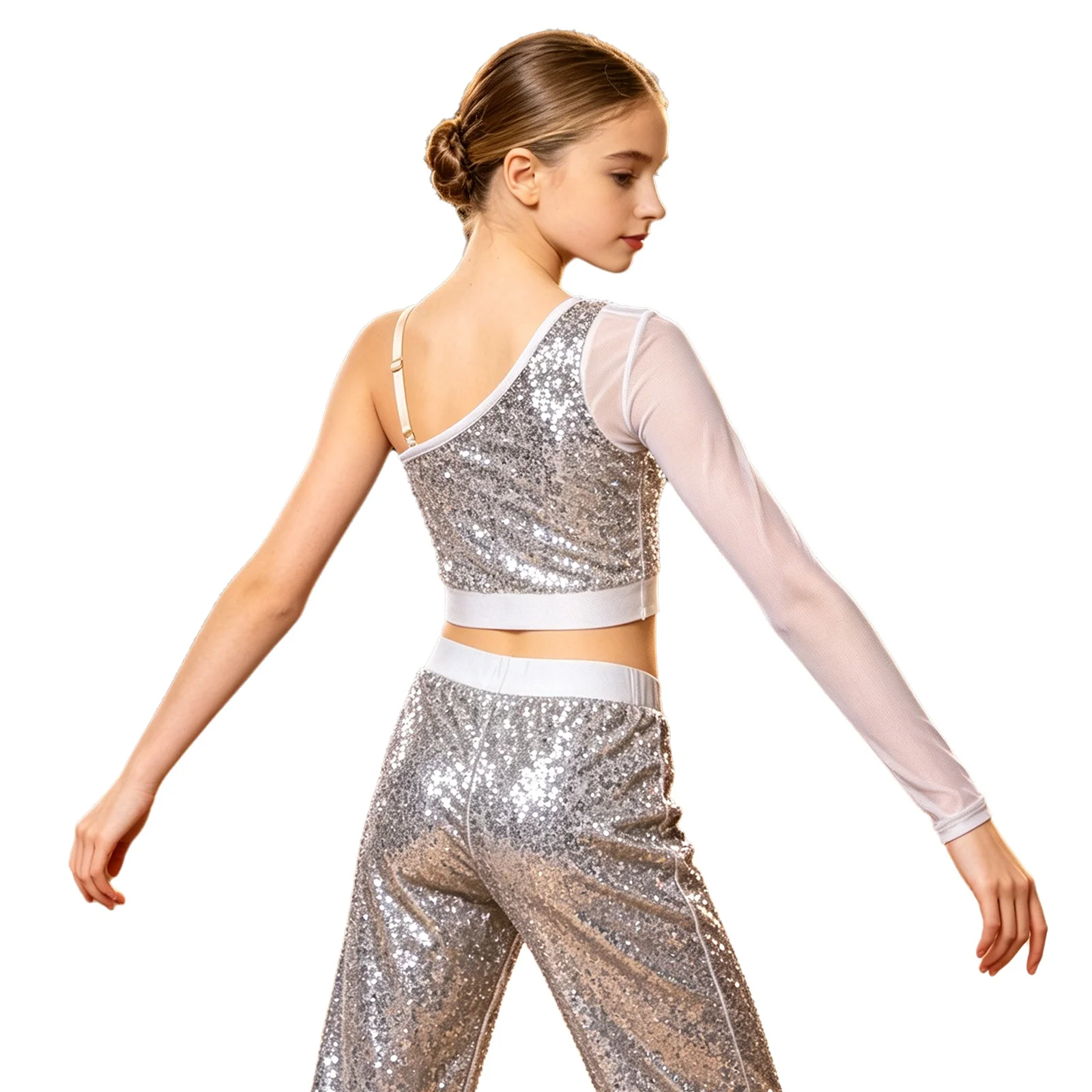 

Kids Girls Sparkly Sequins Jazz Hip Hop Dance Tops Sheer Mesh One Shoulder Crop Top for School Cheerleading Stage Performance