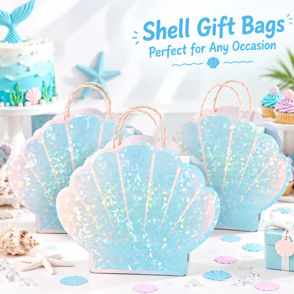 6/24PCS Mermaid Shell Candy Goodie Bags Paper Party Favor Treat Bags for Ocean Underwater Theme Birthday Decor Picnic Supplies