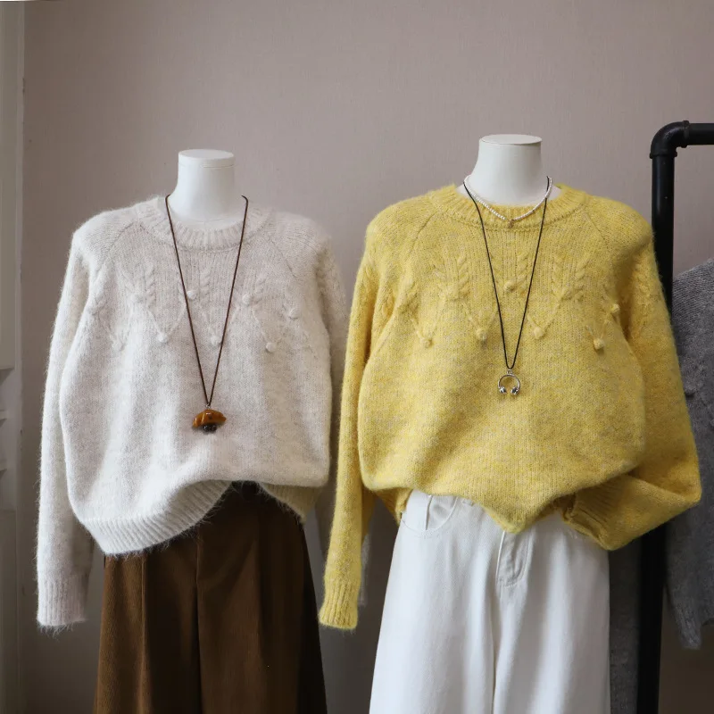 

Loose Long Sve Knitted Sweater Women's Autumn Winter round Ne Turtlene Twist Yarn Fufu Sle Casual Top for Small Figures