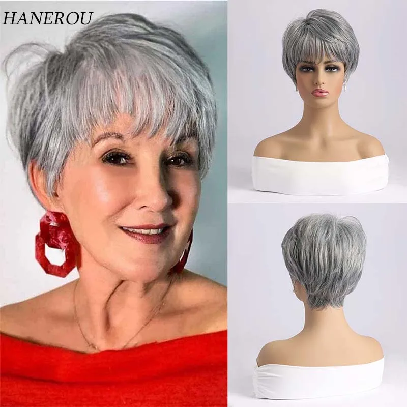 

Women's Fashion Pixie Cut Short Wigs Ombre Silver Grey Hair Short Straigth Hair Wig with Bangs Synthetic Full Wig Daily Wear