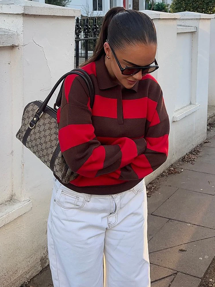 HH-Jersey de punto a rayas con cuello tipo Polo informal para mujer, suéter de manga larga para primavera y otoño, prendas de punto holgadas y elegantes para mujer