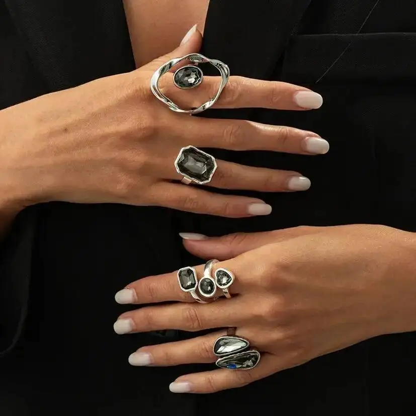 Kunjoe 2026 moda strass acrílico anéis feminino vintage simples geométrico ajustável junta anel festa jóias acessórios