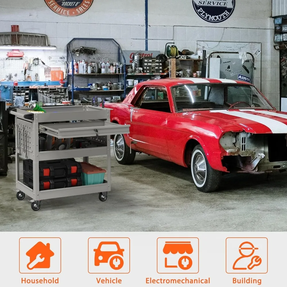 Zwaar uitgevoerde gereedschapswagen met 3 niveaus op wielen, rollende gereedschapswagen op wielen met lade, 350 lbs laadvermogen servicekaart voor waren