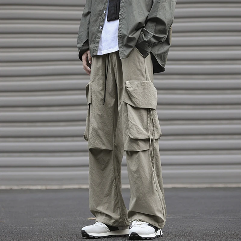 

Men's Popular Large Pocket Cargo Pants Spring Autumn Thin Waterproof Hiking Trousers Man Trend Lace-Up Straight Cargo Trousedrs