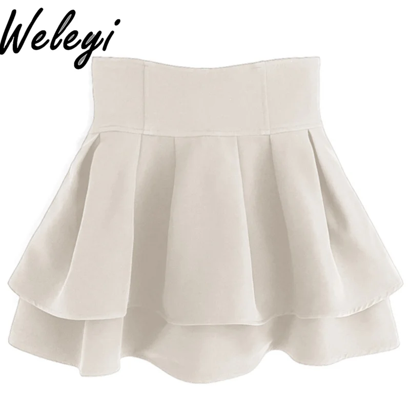 

2024 New Elegant Ruffled Edge Beige Skirts Women Summer Japanese Style Sweet Lined High Waisted Long A-shaped Short Skirt Ladies