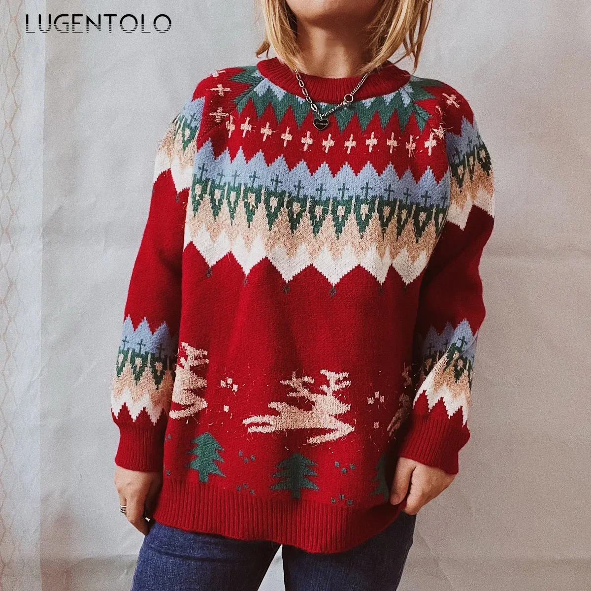 

Women Christmas Knitted Sweater Thickened Elk Autumn Winter O-neck Lady Casual Loose Pullover New Clothing Lugentolo