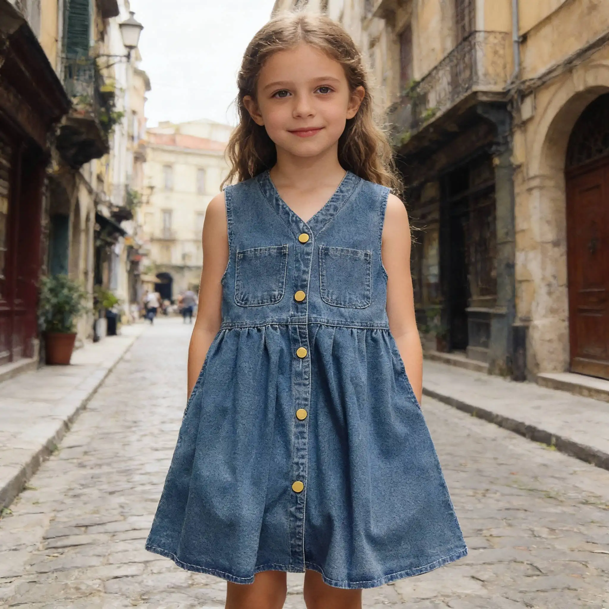 2026 Sommer Kinder Babykleidung Mädchen Lässiges Baumwoll-Jeanskleid mit Knöpfen Modischer V-Ausschnitt Vorderer Stil Ärmelloses Kleid