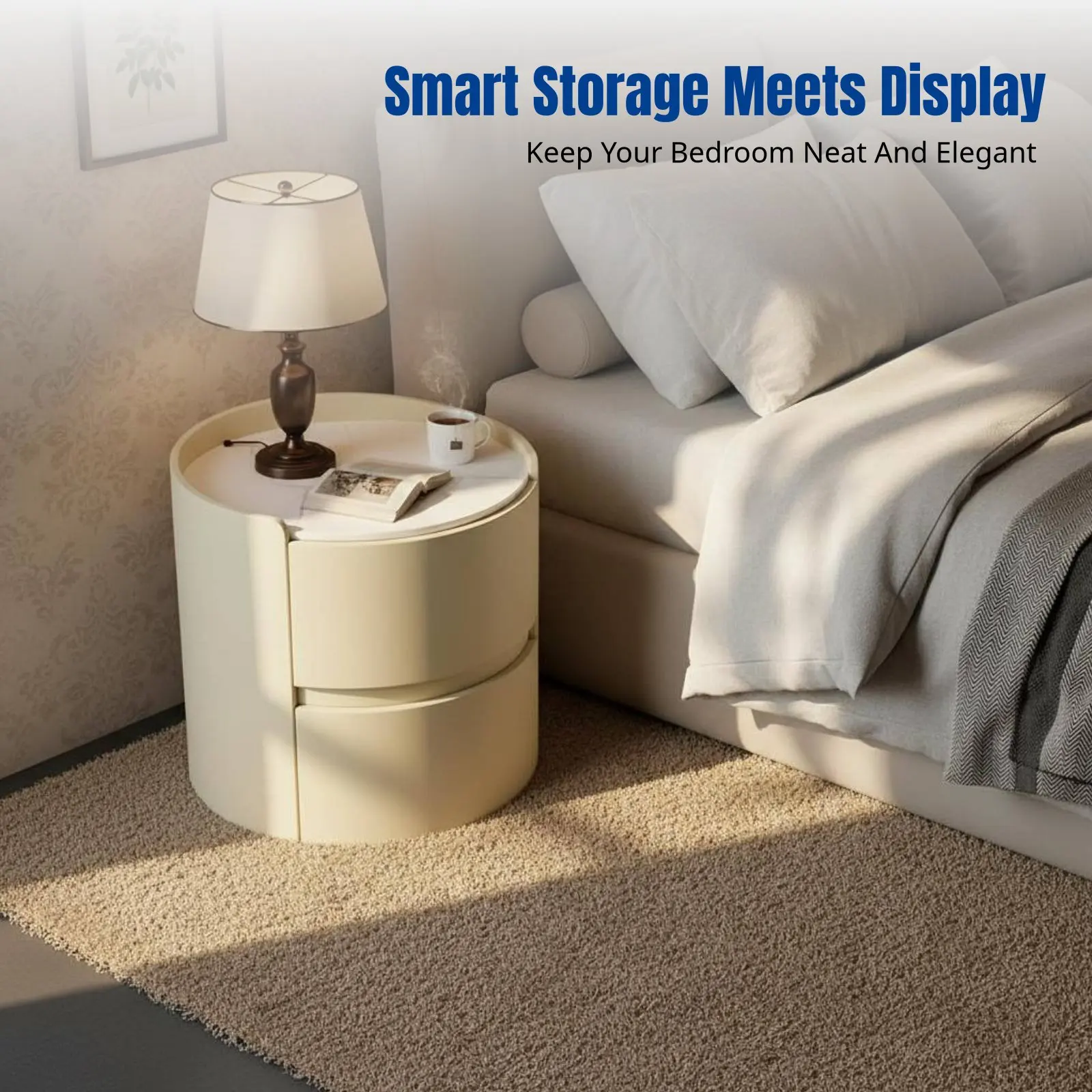 

Italian Design Sintered Stone Nightstand, Sturdy Wood Round Bedside Cabinet, Modern Minimalist Bedroom Storage Table
