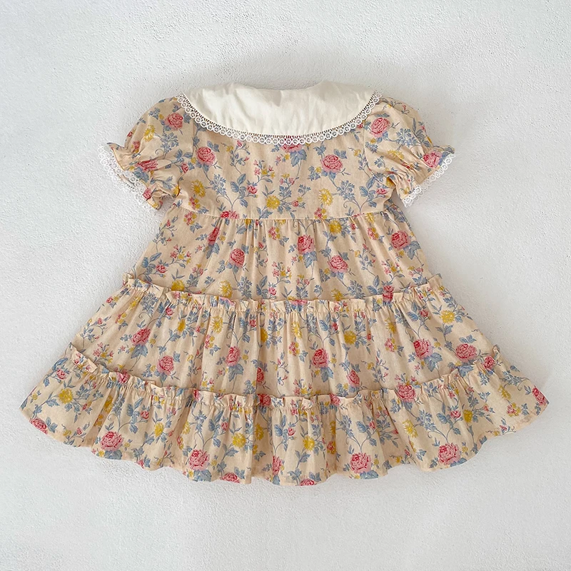 2026 Neues Mädchenkleid für den Sommer 2-6 Jahre Kurzarm-Kleid mit Blumenmuster Gerüschter Kragen Süßes Baumwollkleid – Detail 3