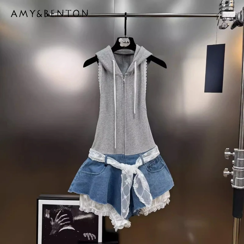 

2025 Spring Summer Hooded Retro Lace Splicing Sweet Women's Bodysuit Casual Thin Loose Zipper Denim Puffy Onesie Shorts Ladies