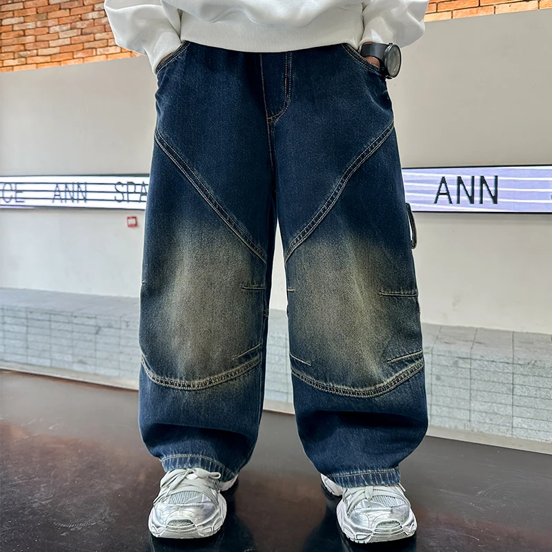 New Fashion Kids Vintage Blue Baggy Jeans for Boys Casual Streetwear Denim Pants Children's Loose Patchwork Trousers Age 5-14 Y
