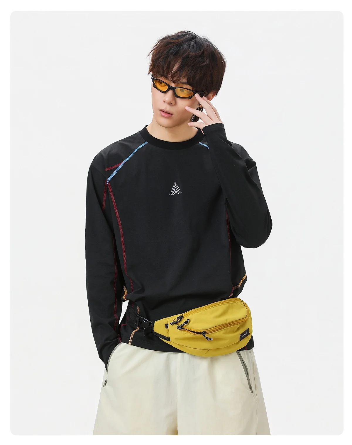 Men Long-Sleeve Color-Blocked T-Shirt Autumn  Moisture-Wicking, Cooling, Loose-Fit, Casual Round-Neck Top Lightweight Breathable