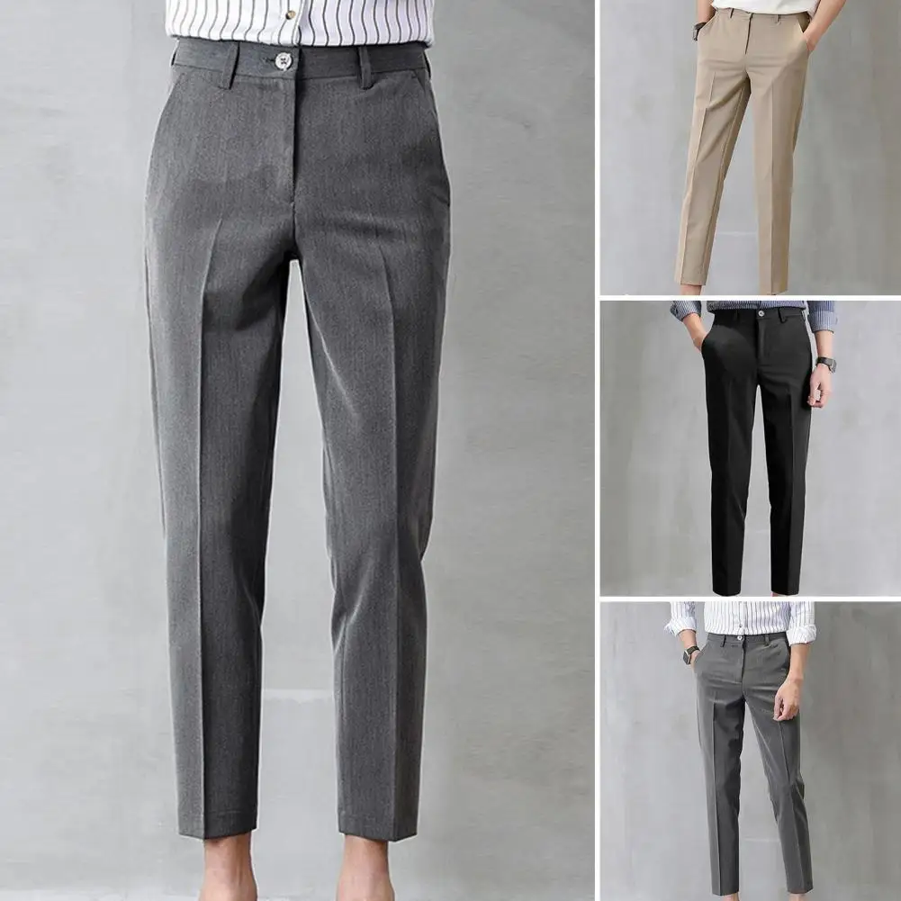 Popular Men Trousers Breathable Men Suit Pants Soft Fabric Gentle Mid Waist Ankle Length Business Pants