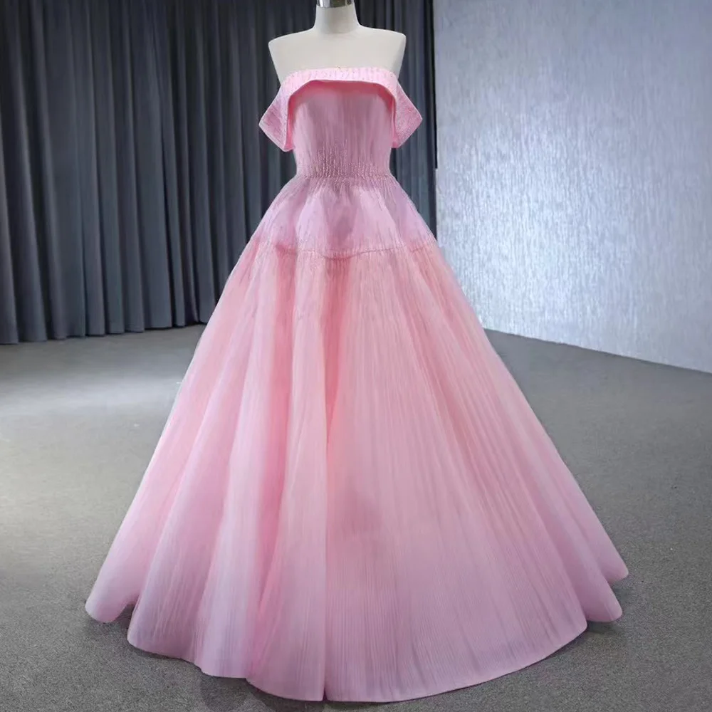

Pink Strapless Off-Shoulder Prom Dress 2026 With Lace-Up Back Pearls Customizable Evening Gown For Women