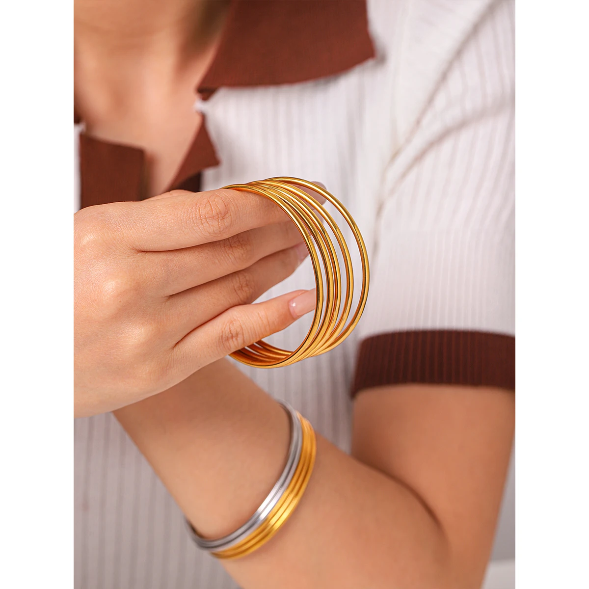

Unisex Multi-layer Round Wire Bangle Bracelet For Women Men 18K Gold Silver Color Stainless Steel Trendy Jewelry Wristband Gifts